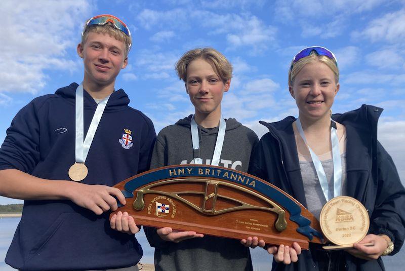 Merryn Attridge, Sarah Davis and Tom Thwaites of Royal Hospital School win the National School Sailing Association Singlehanded Team Racing Championships photo copyright Ed Sibson taken at Burton Sailing Club and featuring the Team Racing class