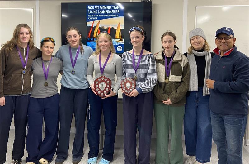 RHS Blue win the RYA Women's Team Racing Championship - Daisy Adams, Abbey Penny, Anna Edmonds, Sarah Davis (captain), Scarlett MacLennan and Sophia Hiller, with RHS Headmaster Irfan Latif and his wife Jo - photo © RHS