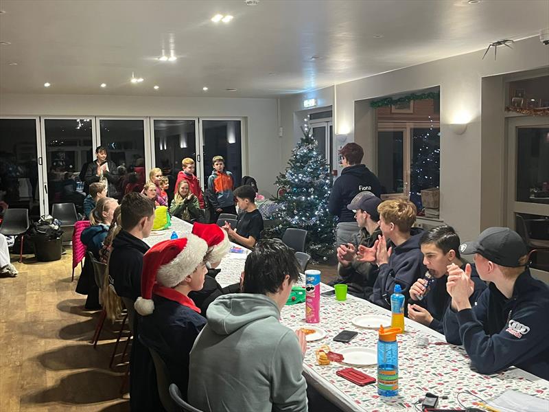 Post Sailing Pizza and Prizes at the NEYYSA Random Pairs Christmas Team Racing photo copyright Veronica Shackleton taken at Ripon Sailing Club and featuring the Team Racing class