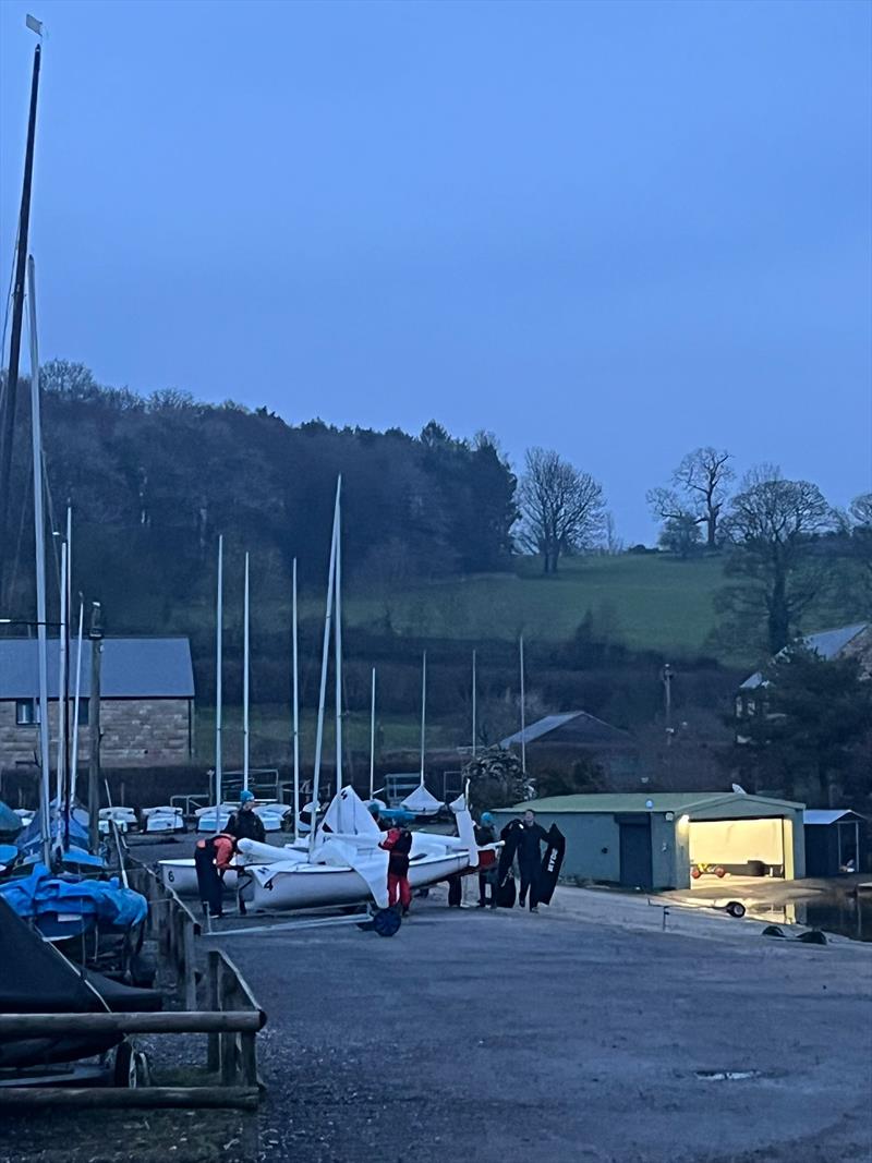 Packing up in the dark after the NEYYSA Random Pairs Christmas Team Racing photo copyright Veronica Shackleton taken at Ripon Sailing Club and featuring the Team Racing class