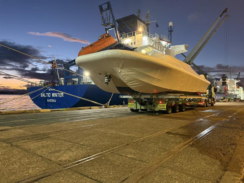 Django's Catalyst 45 tender by Lloyd Stevenson Boatbuilders is loaded for shipment to Italy - June 2026 - photo © TNL Pindar