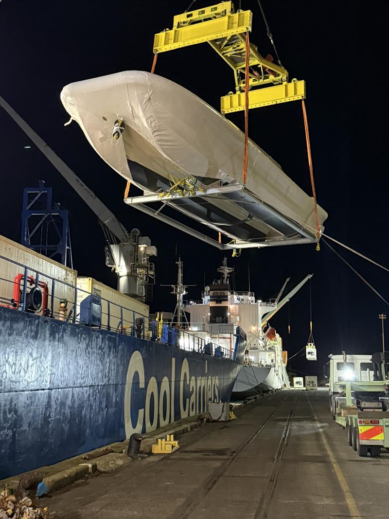 Django's Catalyst 45 tender by Lloyd Stevenson Boatbuilders is loaded for shipment to Italy - June 2026 - photo © TNL Pindar