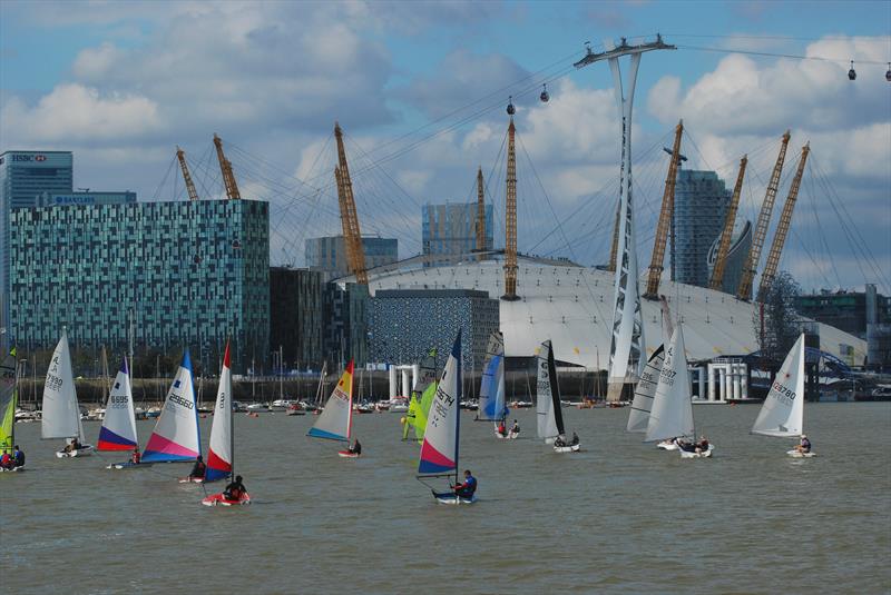 The mixed fleet heads towards the O2 Arena at the London Regatta 2015 photo copyright Clive Reffell taken at Greenwich Yacht Club and featuring the Topper class