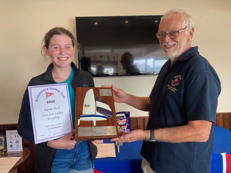 Izzy Denby was very happy to receive the ‘Two Fat Ladies' shield during the Dyson Dash photo copyright Adrian Trice taken at Broadstairs Sailing Club and featuring the Topper class