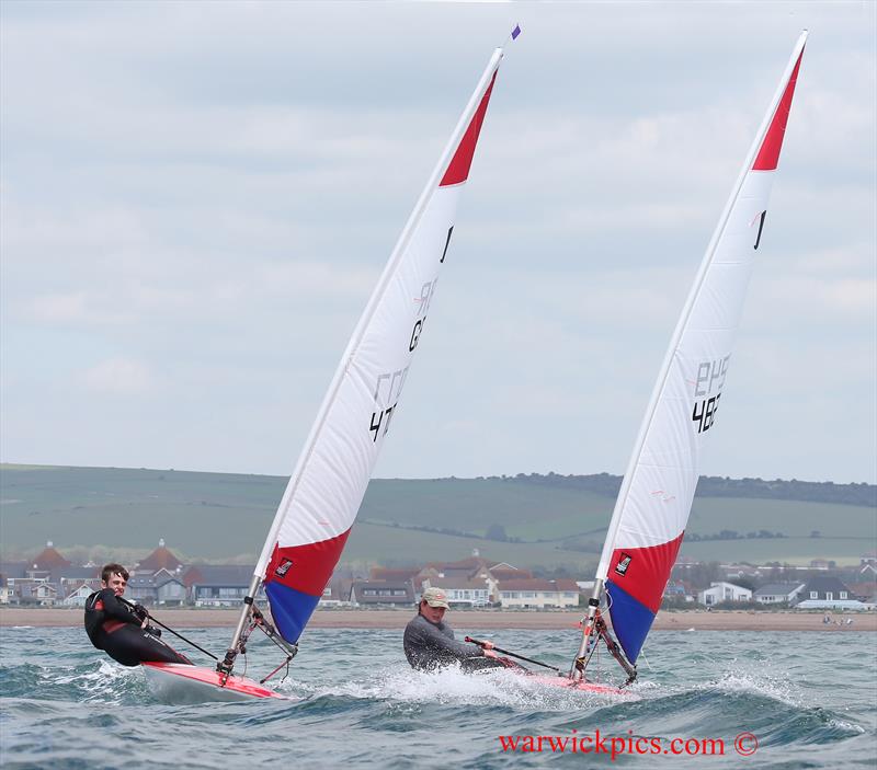 Joe Warwicker 1st and Rhys Griffiths 5th during the London & South East Topper Travellers at Shoreham photo copyright Warwick Baker / www.warwickpics.com taken at Shoreham Sailing Club and featuring the Topper class