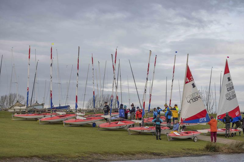 Topper fleet waiting for launch during Round 7 of the Midlands 2021-2022 Topper Traveller Series at Notts County SC photo copyright David Eberlin taken at Notts County Sailing Club and featuring the Topper class