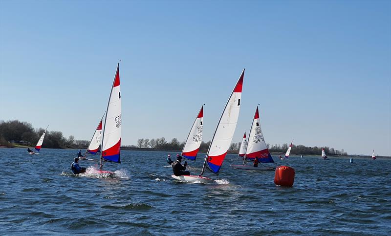 Close battle at the windward mark in shifty conditions during the ITCA Midlands Topper Traveller Series 2021-22 at Draycote Water - photo © Jon Hughes