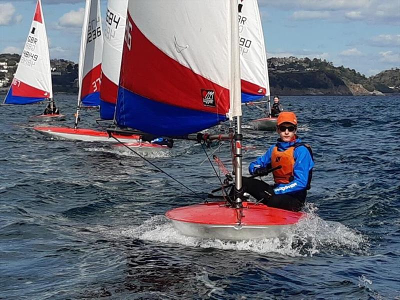 Huw Beare sailing at Paignton during an RYA Regional Training Group weekend photo copyright Bob Beare taken at Paignton Sailing Club and featuring the Topper class
