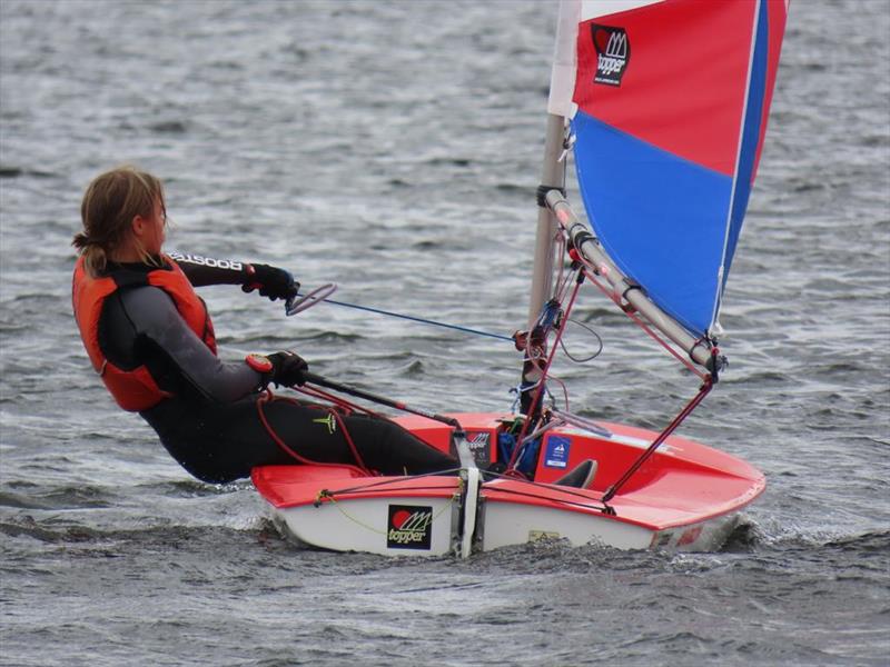 Katherine Gunn on her way to the event win during the Midlands Topper Traveller Round 1 at Bartley photo copyright Megan Hardiman taken at Bartley Sailing Club and featuring the Topper class