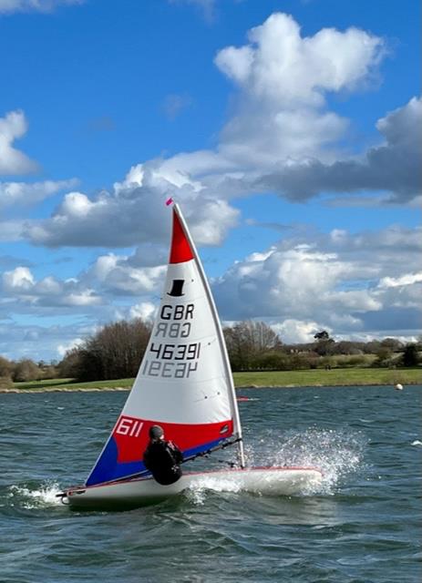 Event Winner (Jessica Powell) battling the elements in the ITCA Midlands Topper Traveller Series 2022-23 Round 7 at Northampton photo copyright Mike Webster taken at Northampton Sailing Club and featuring the Topper class