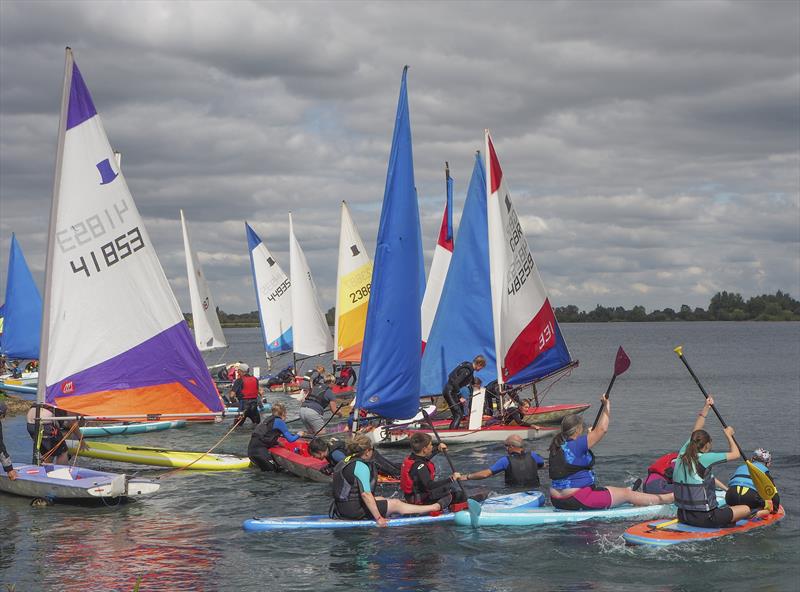 Relay race start during the NCSC August Bank Holiday Games 2023 photo copyright David Eberlin taken at Notts County Sailing Club and featuring the Topper class