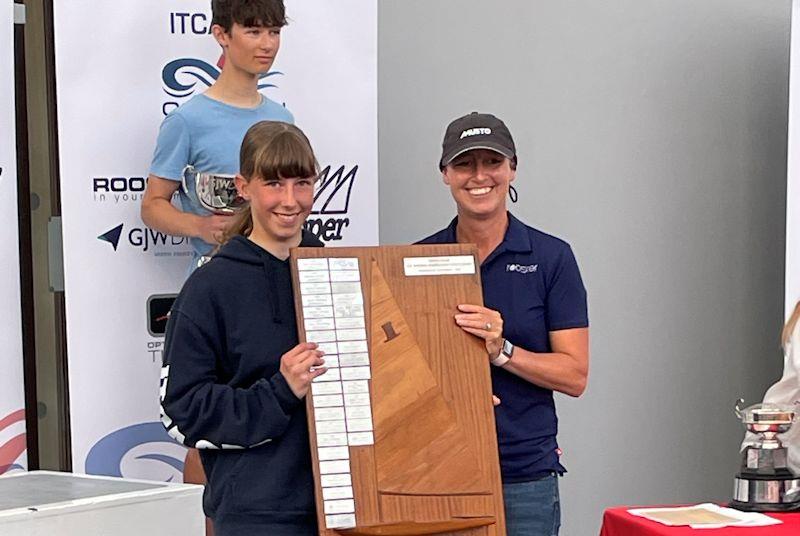 Recieivng the trophy - Jessica Powell wins the GJW Direct Topper UK National Championships photo copyright ITCA GBR taken at Plas Heli Welsh National Sailing Academy and featuring the Topper class