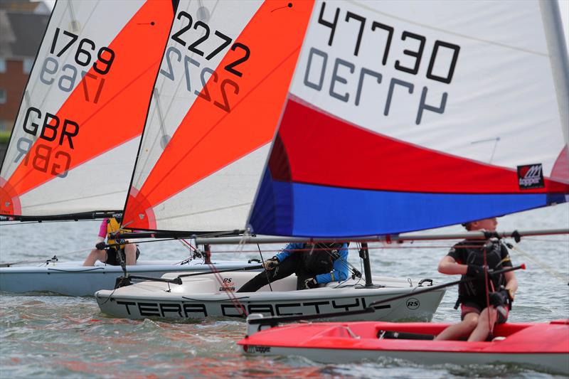 Susanna Local (1769), Joe Baker (2272) and Henry Moss (47730) look well drilled as they line up for the start during the KSSA Mid-Summer Regatta 2019 at Medway YC photo copyright Jon Bentman taken at Medway Yacht Club and featuring the Topper 4.2 class