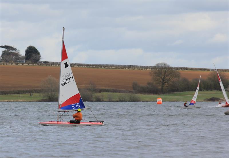Thomas Matthews leading in race to and going on to win the 4.2 Classification in the ITCA Midlands Topper Traveller Series 2022-23 Round 7 at Northampton photo copyright Donna Powell taken at Northampton Sailing Club and featuring the Topper 4.2 class