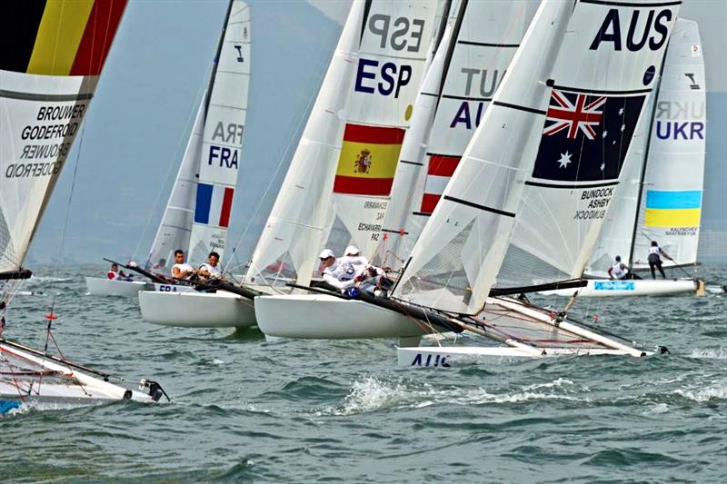 Tornados coming off the start line - Qingdao Olympic Regatta 2008 - photo © Richard Gladwell