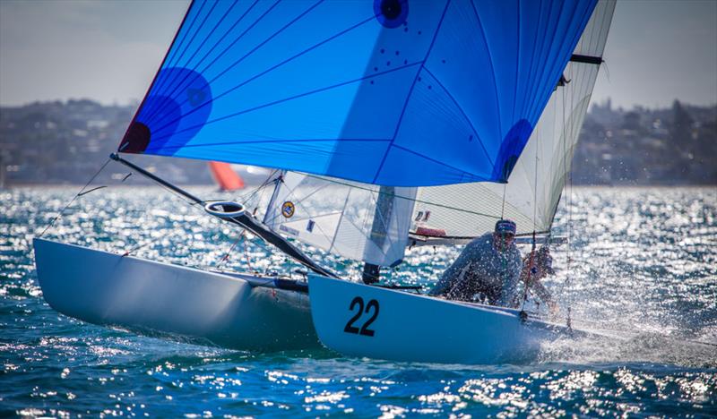 Jorg Steiner and Michael Gloor (SUI) - Day 1, Int Tornado Class 2019 World Championship presented by Candida, Takapuna Boating Club, January 5, 2019 photo copyright Suellen Davies taken at Takapuna Boating Club and featuring the Tornado class