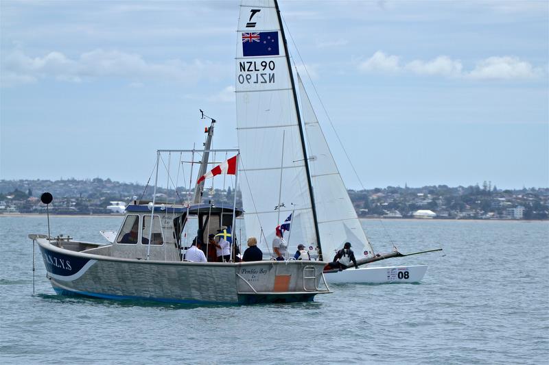 Light winds and an outgoing tide caused racing to be delayed for over two and a half hours - Int Tornado Worlds - Day 4, presented by Candida, January 9, 2019 photo copyright Richard Gladwell taken at Takapuna Boating Club and featuring the Tornado class