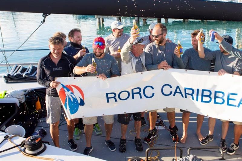 Tilmar Hansen from Kiel, Germany celebrates his birthday after completing the race with his team on TP52 Outsider - 2020 RORC Caribbean 600 photo copyright RORC / Arthur Daniel taken at Royal Ocean Racing Club and featuring the TP52 class