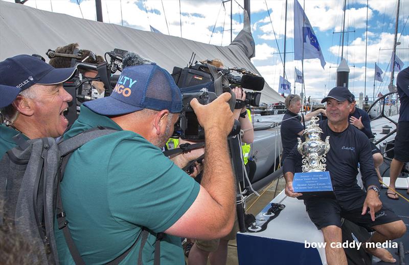 Media Scrum for Sam Haynes and Celestial photo copyright Bow Caddy Media taken at Cruising Yacht Club of Australia and featuring the TP52 class