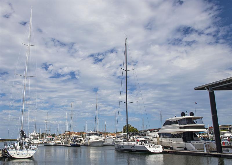 Sisters in Arms. Maritimo 11 (ex Patches Tp52), Maritimo 11 (ex Swiftsure), and one of the company's new and very popular M55 Flybridge Motor Yachts - photo © John Curnow