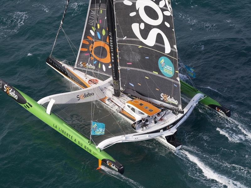 Thomas Coville suffered structural problems to his Sodebo Ultim' in one of its forward beams, forcing him to head to La Coruna to assess damage in the Route du Rhum - Destination Guadeloupe photo copyright Yvan Zedda taken at  and featuring the Trimaran class