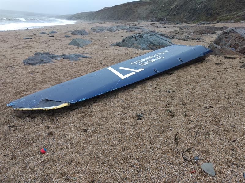 The bow section of Gitana 17 washes up on the beach at Gunwalloe Fishing Cove, Cornwall photo copyright John Mee taken at  and featuring the Trimaran class