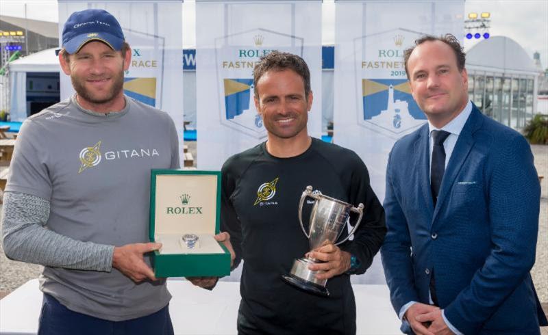 Rolex presentation to multihull line honours skippers Charles Caudrelier and Franck Cammas of Maxi Edmond de Rothschild  in the 2019 Rolex Fastnet Race photo copyright Rolex taken at Royal Ocean Racing Club and featuring the Trimaran class