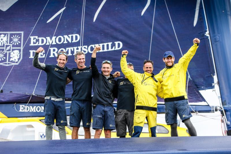 The crew of Ultim Maxi Edmond de Rothschild celebrate their record-breaking run  in the 2019 Rolex Fastnet Race - Skippers (right) Franck Cammas / Charles Caudrelier with David Boileau, Erwan Israël, Morgan Lagraviere, Yann Riou photo copyright Paul Wyeth / www.pwpictures.com taken at Royal Ocean Racing Club and featuring the Trimaran class
