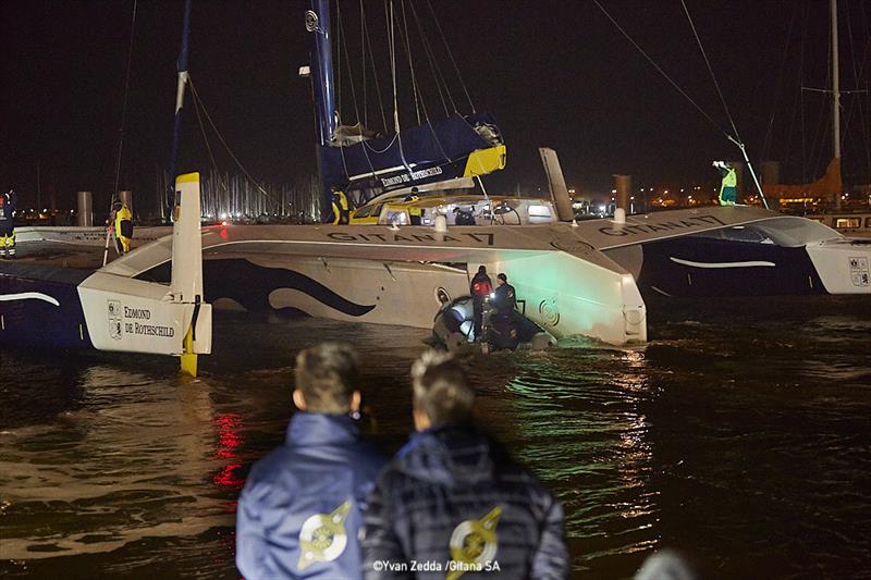 The Maxi Edmond de Rothschild departs Lorient for their Jules Verne Trophy record attempt photo copyright Y. Zedda / Gitana S.AZedda / Gitana S.A taken at  and featuring the Trimaran class