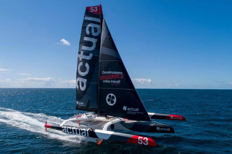 The 32m long 23m wide Actual Ultim 3 took part as MACIF in the last Rolex Fastnet Race and skipper Yves Le Blevec with Team Actual are currently getting acquainted with their new beast - photo © Ronan Gladu / www.ronangladu.com