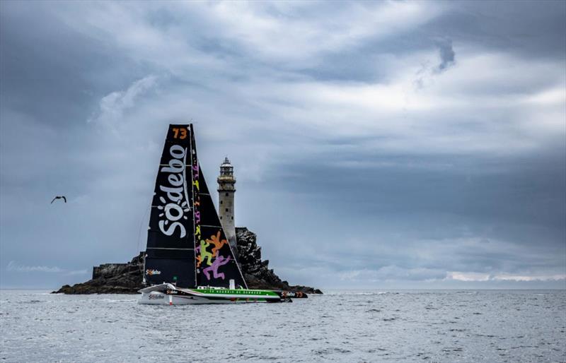 Thomas Coville's Sodebo Ultim 3 finished the Rolex Fastnet Race in Cherbourg on Tuesday morning (10 August), completing the 695nm course in 1d 20h 16m 36s photo copyright Kurt Arrigo / Rolex taken at Royal Ocean Racing Club and featuring the Trimaran class