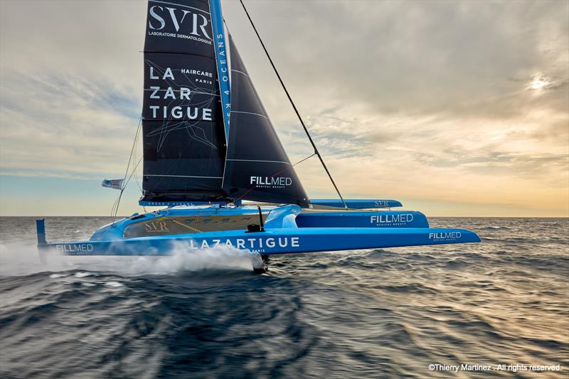 François Gabart heads back out to sea alongside Tom Laperche aboard the Trimaran SVR Lazartigue for the Transat Jacques Vabre photo copyright Thierry Martinez / www.thmartinez.com taken at  and featuring the Trimaran class