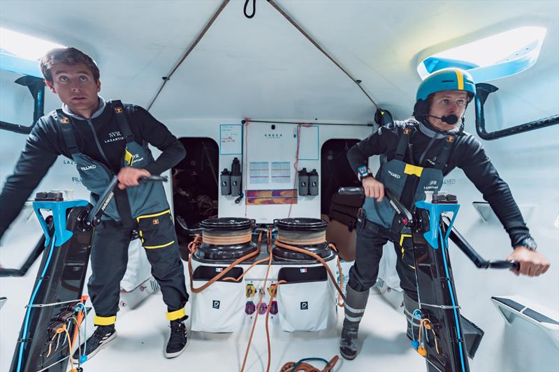 François Gabart heads back out to sea alongside Tom Laperche aboard the Trimaran SVR Lazartigue for the Transat Jacques Vabre - photo © Guillaume Gatefait