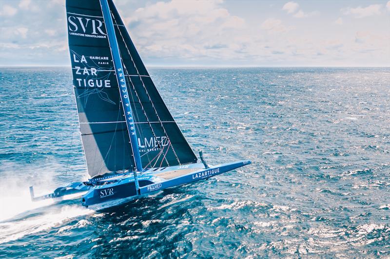 François Gabart heads back out to sea alongside Tom Laperche aboard the Trimaran SVR Lazartigue for the Transat Jacques Vabre - photo © Guillaume Gatefait