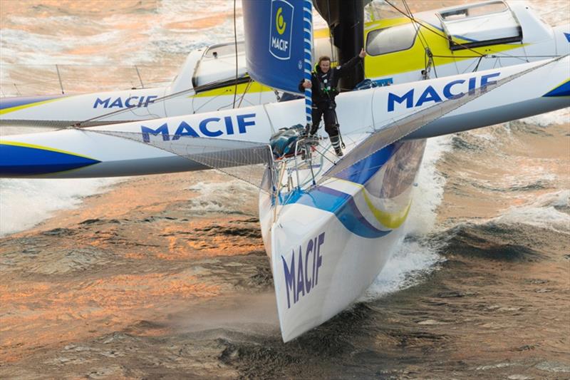 Aerial image of Francois Gabart onboard Ultim MACIF, training before the Round the Word Solo Handed Record photo copyright Jean-Marie Liot / ALeA / Macif taken at  and featuring the Trimaran class