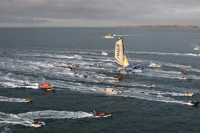 Arrival of Solo sailing circumnavigation record for Trimaran MACIF, skipper Francois Gabart, in 42d 16h 40mn 35s in Brest, France photo copyright Jean-Marie Liot taken at  and featuring the Trimaran class