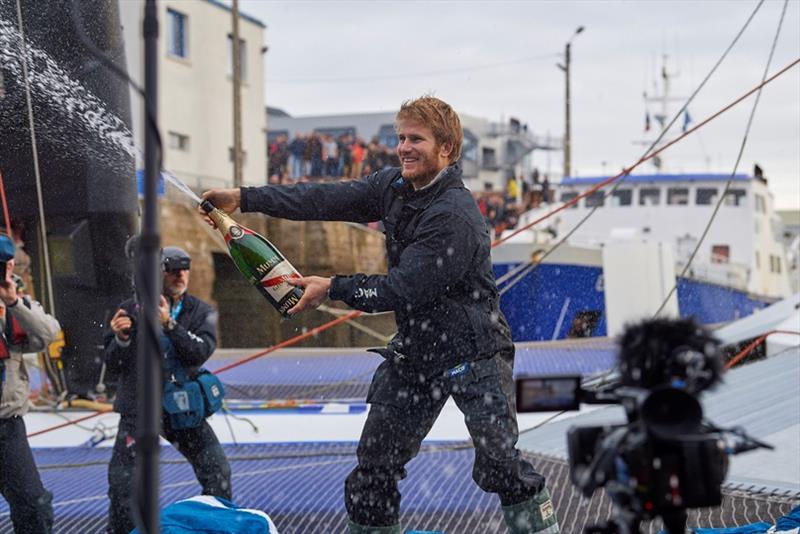 Celebration with Mumm champagne during solo sailing circumnavigation record for Trimaran MACIF, skipper Francois Gabart, in 42d 16h 40mn 35s in Brest, France photo copyright Yvan Zedda / ALeA / Macif taken at  and featuring the Trimaran class