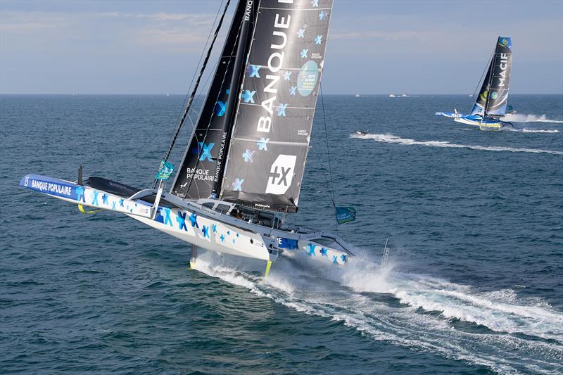 Armel Le Cléac'h gets Banque Populaire flying at the start of Route du Rhum Destination Guadeloupe photo copyright Yvan Zedda taken at  and featuring the Trimaran class