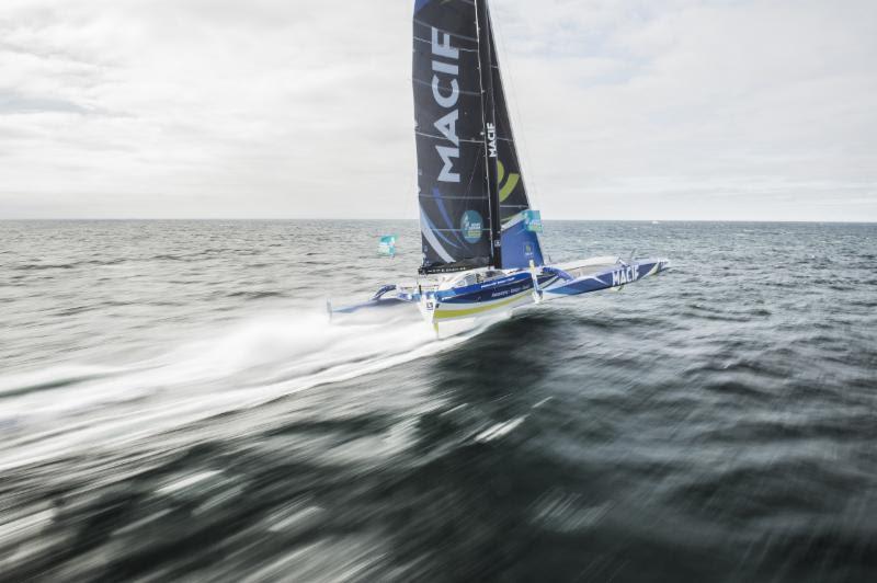 Flying - Francois Gabart's Ultime triamaran MACIF touched 49.4 knots in the Route du Rhum photo copyright Vincent Curutchet / ALe´A taken at Royal Ocean Racing Club and featuring the Trimaran class