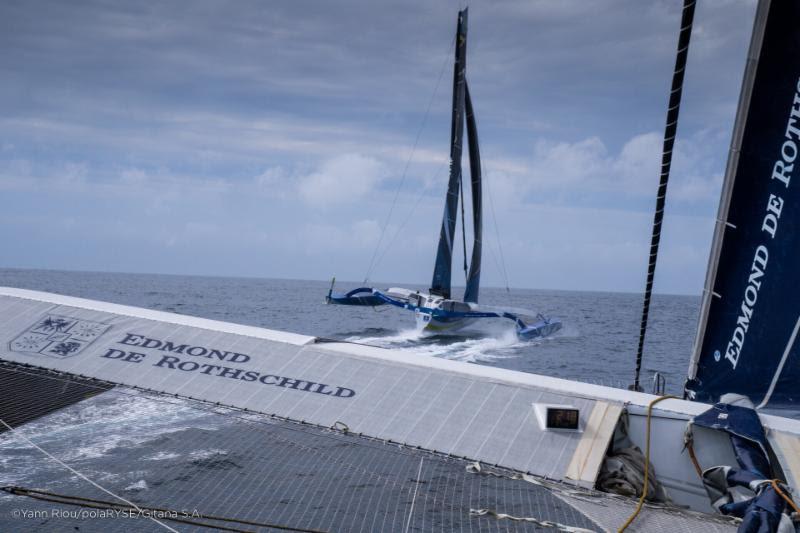 Match race between the leading - Ultimes Maxi Edmond De Rothschild and MACIF - 2019 Rolex Fastnet Race photo copyright Yann Riou / PolaRYSE / Gitana SA taken at Royal Ocean Racing Club and featuring the Trimaran class