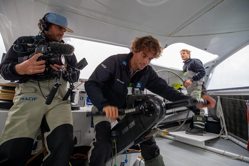 MACIF maxi trimaran skippers Francois Gabart and Gwenole Gahinet, with mediaman Jeremie Eloy, welcome onboard astronaut Thomas Pesquet for a sailing journey, on October 7, in Port La Foret, France photo copyright Jean-Marie Liot / Macif taken at  and featuring the Trimaran class