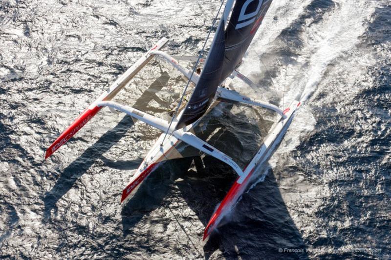 Francis Joyon and his maxi trimaran IDEC-SPORT at Mauritius Route record photo copyright F Van Melleghem / Alea / IDEC Sport taken at  and featuring the Trimaran class