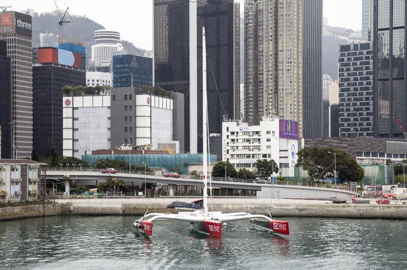 Parked at RHKYC. IDEC Sport, Francis Joyon, HK-London Clipper Route Record photo copyright Guy Nowell taken at Royal Hong Kong Yacht Club and featuring the Trimaran class