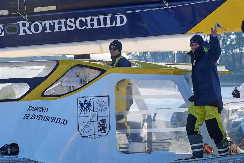 Departure of the Maxi Edmond de Rothschild, from the pontoons of Lorient - Jules Verne Trophy - photo © Y.Zedda / Gitana S.A