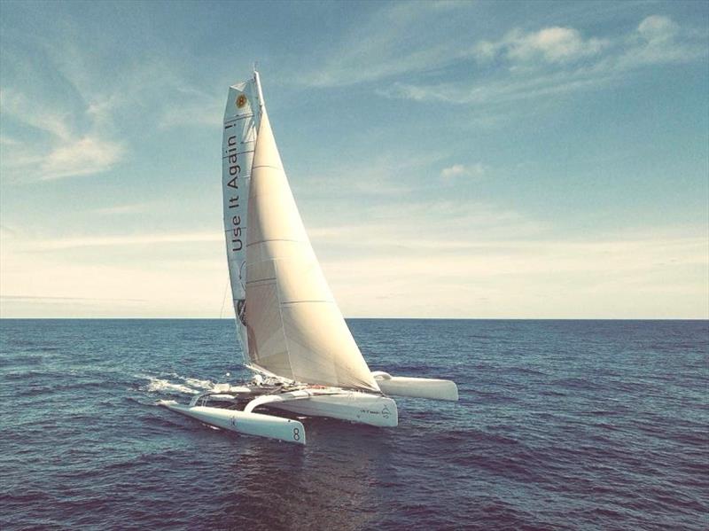 Romain Pilliard is using Dame Ellen MacArthur's ex-trimaran to promote circular economy and ocean protection on Use it Again photo copyright Imbaud Verhaegen taken at Royal Ocean Racing Club and featuring the Trimaran class