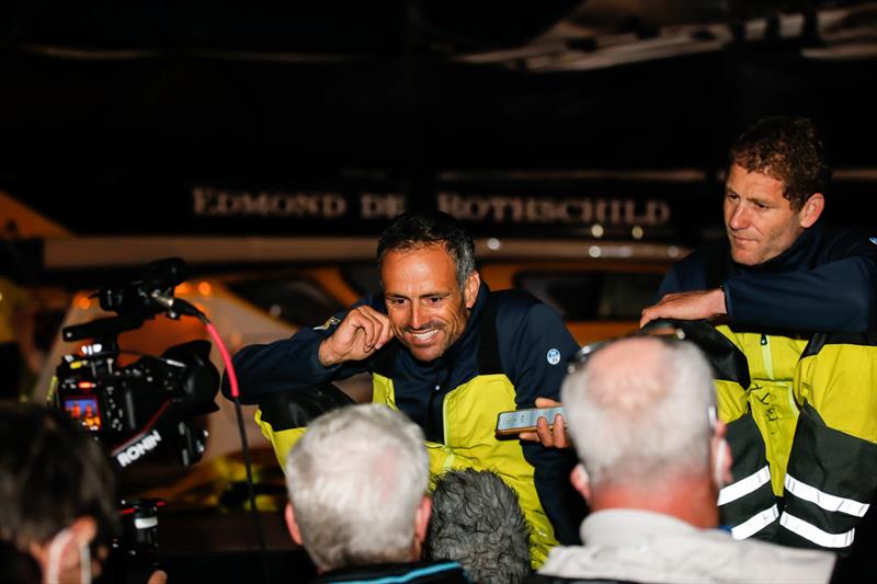 Maxi Edmond de Rothschild co-skippers Franck Cammas (left) and Charles Caudrelier - Rolex Fastnet Race photo copyright Paul Wyeth / pwpictures.com taken at Royal Ocean Racing Club and featuring the Trimaran class