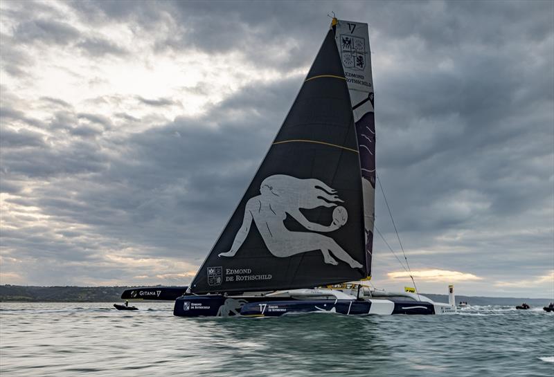 Maxi Edmond De Rothschild was the first yacht to complete the 695nm 2021 Rolex Fastnet Race  photo copyright Stefano Gattini taken at Royal Ocean Racing Club and featuring the Trimaran class