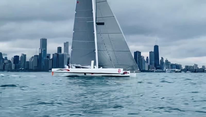 Areté begins the Chicago – Mackinac course speed record attempt photo copyright Laura Muma taken at Chicago Yacht Club and featuring the Trimaran class