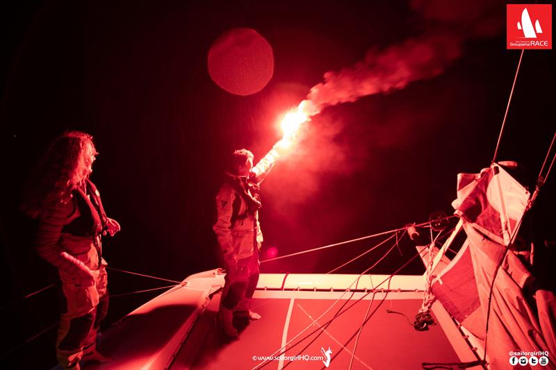 Onboard Rushour as they let off their flare for taking Line Honours in the New Caledonia Groupama Race photo copyright Nic Douglass @sailorgirlHQ taken at Cercle Nautique Calédonien and featuring the Trimaran class