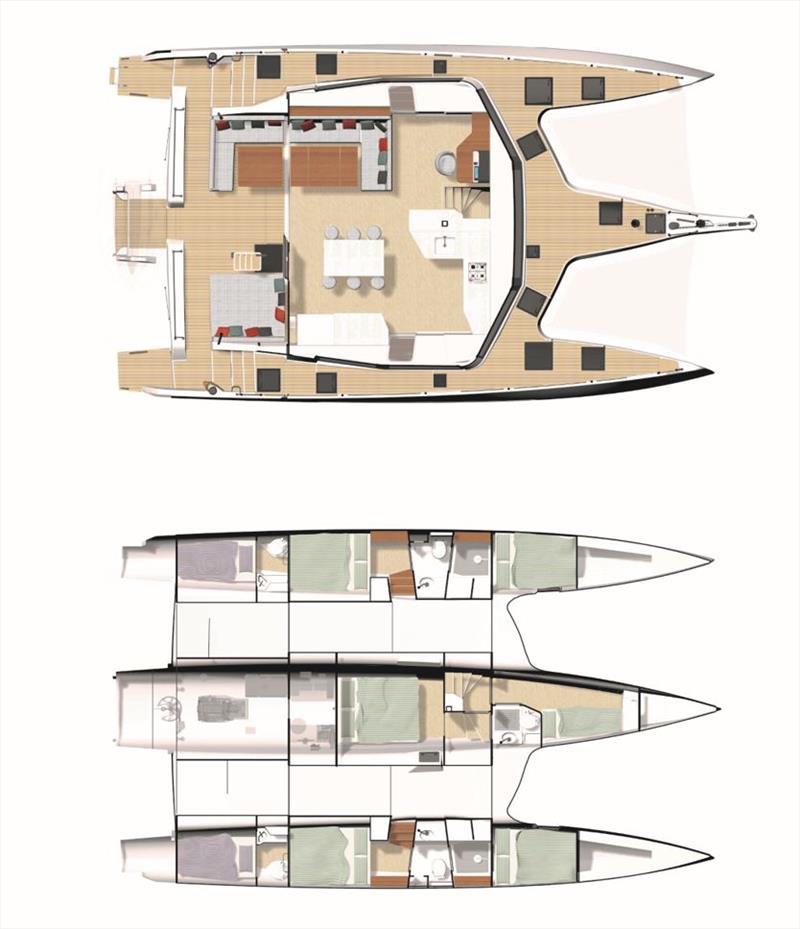 Neel 52 sea deck view - Either 4 lower cabins (3 options are illustrated here: port side forepeak in bed   starboard side forepeak in bed   2 crew cabins) photo copyright Neel Trimarans taken at  and featuring the Trimaran class